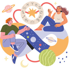 Cosmic Connection Two People Contemplate The Universe Surrounded By Planets Stars And Zodiac Wheel With Celestial Theme