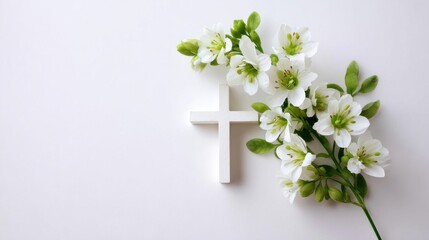 White cross and fresh spring flowers