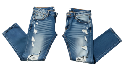 Two pairs of faded blue denim trousers featuring intentional distressed rips displayed against a solid black background