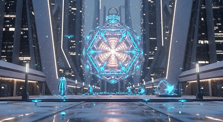 Futuristic Cityscape with Glowing Orb and Falling Snow