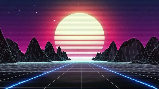Retrowave skyline scene with neon lights and low poly territory. 80s retro foundation circle liveliness. Retro Futurism Background. 3D Render. Retro wave skyline scene, neon lights. Consistent circle.