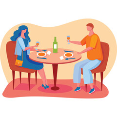 Couple Enjoying Dinner Date At A Round Table With Wine And Food In A Cozy Restaurant Setting With Warm Lighting And Orange Chairs And Blue Outfits