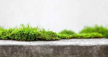 Lush green moss on concrete with white background