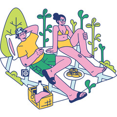 Couple Enjoying a Picnic in a Lush Green Outdoor Setting With A Platter Of Food And A Bottle Of Drink On A Bright Sunny Day