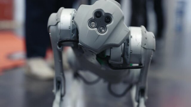 Close-up of a grey robotic dog's head with multiple cameras