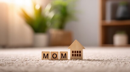 Mom blocks, wooden house on soft carpet, warm home