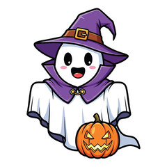 Cute ghost wearing witch hat holding jack o lantern