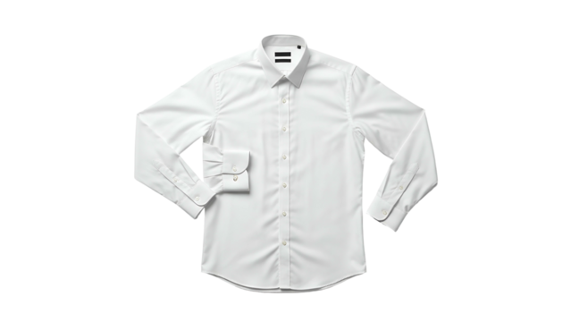 Pristine white long sleeve formal top lies flat against a solid dark background