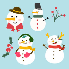 Four Cartoon Snowmen with Accessories and Holly Berries Illustration