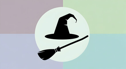 Halloween Witch Hat and Broom Silhouette on Pastel Background