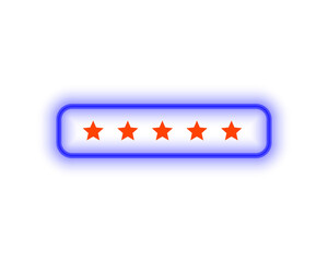 Glowing blue neon rectangle with four bright orange stars inside against a Transparent background representing a rating or review system.