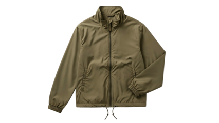 Simple olive colored lightweight outer garment displayed against a solid black background