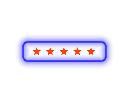 Glowing blue neon rectangle with four bright orange stars inside against a Transparent background representing a rating or review system. - Powered by Adobe