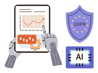Robotic hands examining tablet with chart, cogwheel, GDPR shield, and AI chip. Ideal for data control, machine learning, security, compliance AI ethics innovation and technology transformation. A