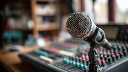 Professional microphone in a recording studio with audio mixing console in soft focus background for music and sound production projects