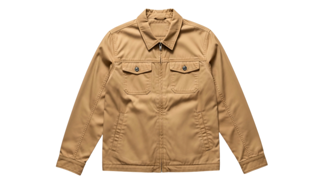 Simple tan collared outerwear piece displayed against a solid black background
