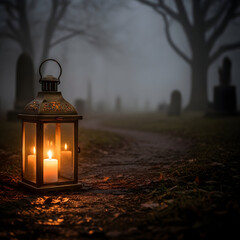 Candle Lantern Lighting a Foggy Graveyard Path at Night