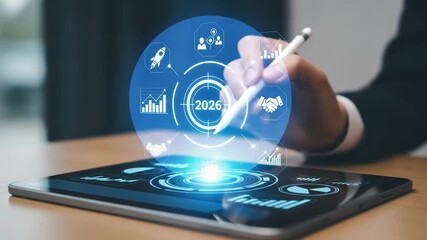 Person using tablet with digital interface showing year of twenty twenty six - Powered by Adobe