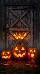 Carved Pumpkins with Glowing Lights Decorating Rustic Barn Door for Holiday