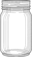 Empty mason jar line drawing, detailed glass container illustration, transparent storage jar sketch, food preservation design, vintage kitchen craft element