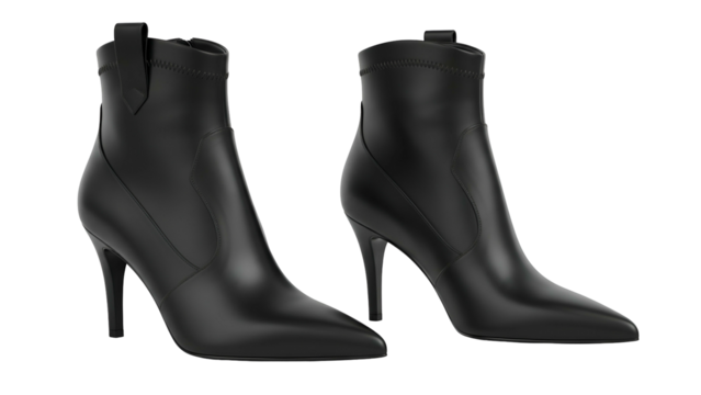 Pair of sleek black leather high heeled ankle boots displayed against a dark background