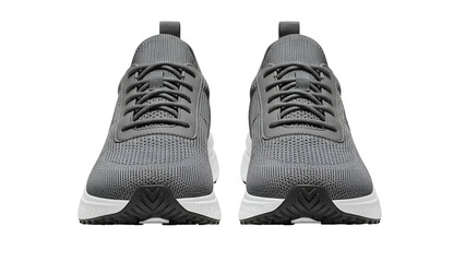 Pair of modern athletic running shoes rendered in dark gray with white soles against a solid black background