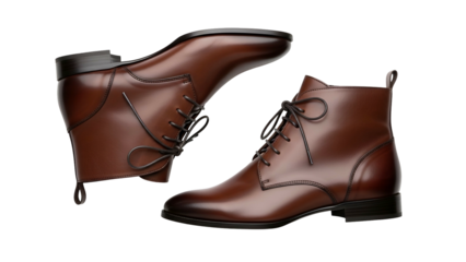 Two polished brown leather lace up ankle boots floating against a stark black background