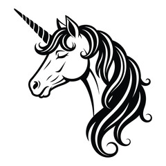 Stylized black and white unicorn head with flowing mane