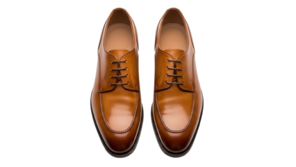 Pair of polished, rich brown leather dress shoes displayed vertically against a dark background