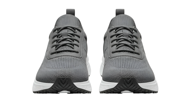 Pair of modern athletic running shoes rendered in dark gray with white soles against a solid black background