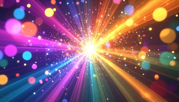 Vibrant Light Burst Explosion Background with Bokeh　カラフルな光の爆発と光の玉が輝く幻想的な背景　デジタルイラスト