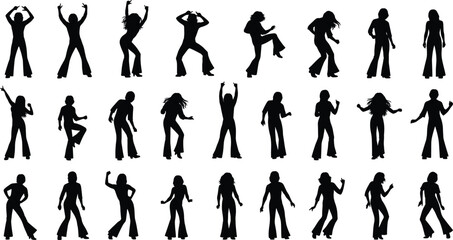 Silhouette dancers in energetic poses, diverse dance movements, black figures on white background, artistic choreography, performance, rhythm, motion, expressive body art