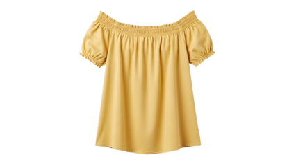 Garment featuring an elasticated gathered neckline and short puffed sleeves presents a casual style