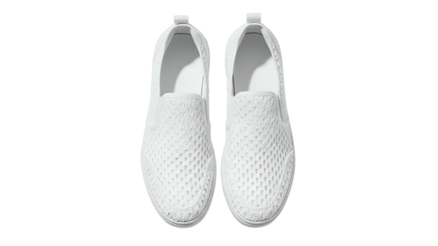 Pair of white perforated casual slip-on shoes shown from a top-down perspective against a dark background