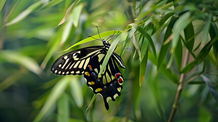 Butterfly perched on green leaf