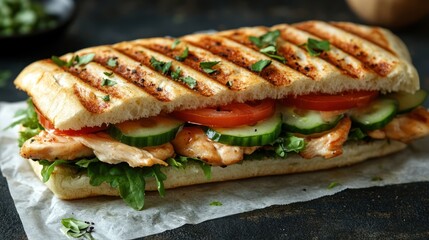Grilled chicken panini, tomato, cucumber, herbs, dark background, lunch menu