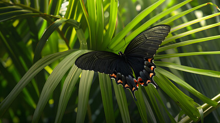 Black butterfly on green leaves