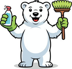 Bear Mascot Cleaning Service Cartoon Character Vector Illustration for Logo Design, Housekeeping, and Janitorial Branding