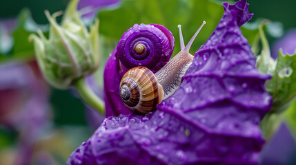 Snails on vibrant purple leaves