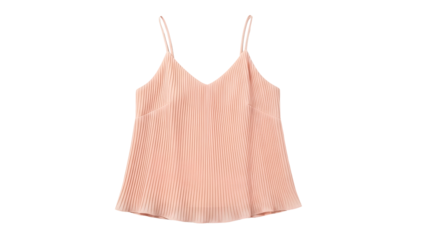 Pale pink pleated sleeveless garment featuring delicate spaghetti straps is displayed against a solid black background