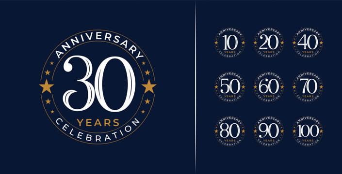 Luxury classic birthday number logo design. Anniversary symbol with star icon and emblem concept. 10, 20, 30, 40, 50, 60, 70, 80, 90, 100, elegant years vector template