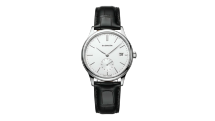 Elegant stainless steel wristwatch featuring a white dial and black leather strap isolated on black
