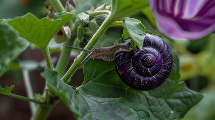 Snail on a plant with purple flower