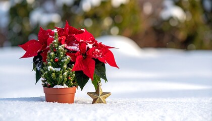 Festive display featuring poinsettia, star ornament, and small potted pine on snow