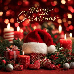 Merry Christmas with festive decorations and Santa hat