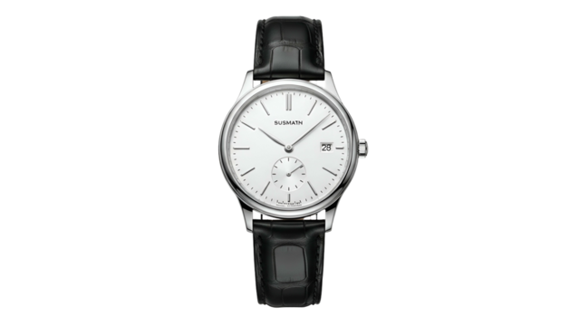 Elegant stainless steel wristwatch featuring a white dial and black leather strap isolated on black