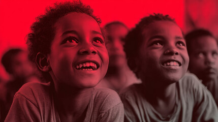 Happy children looking up with bright expressions