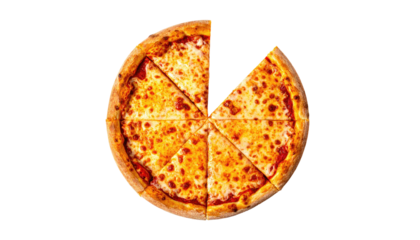 Cheese pizza with one slice missing; top-down view