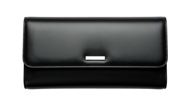 Sleek black leather clutch or wallet rests against a solid dark background
