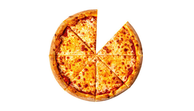 Cheese pizza with one slice missing; top-down view